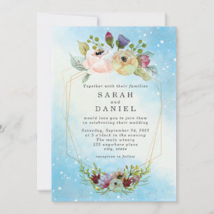 Elegant Blue Watercolor Floral Geometric Wedding