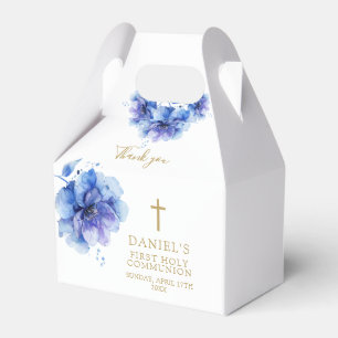 Elegant Blue Watercolor Floral Holy Communion Favor Box