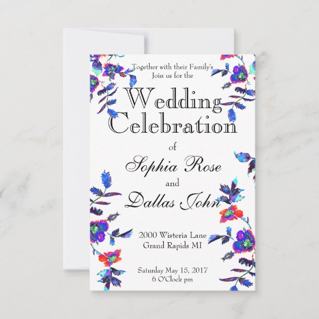 Elegant blue watercolor floral invitation (Front)