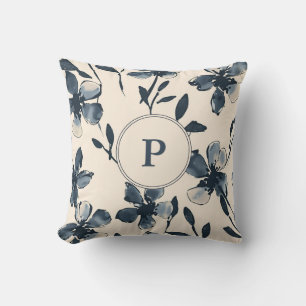 Elegant Blue Watercolor Floral Monogram Cream Throw Pillow