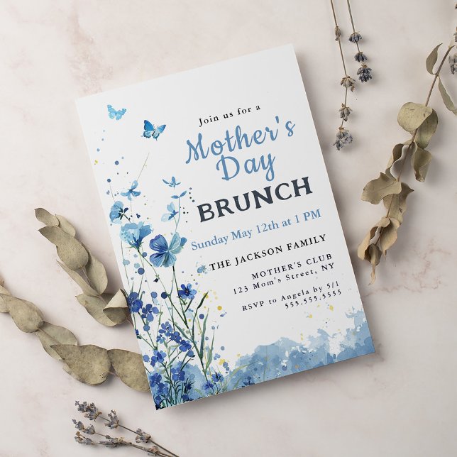 Elegant Blue Watercolor Floral Mother's Day Brunch Invitation (Creator Uploaded)