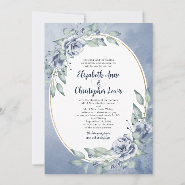 Elegant Blue Watercolor Floral Oval Frame Wedding Invitation (Front)