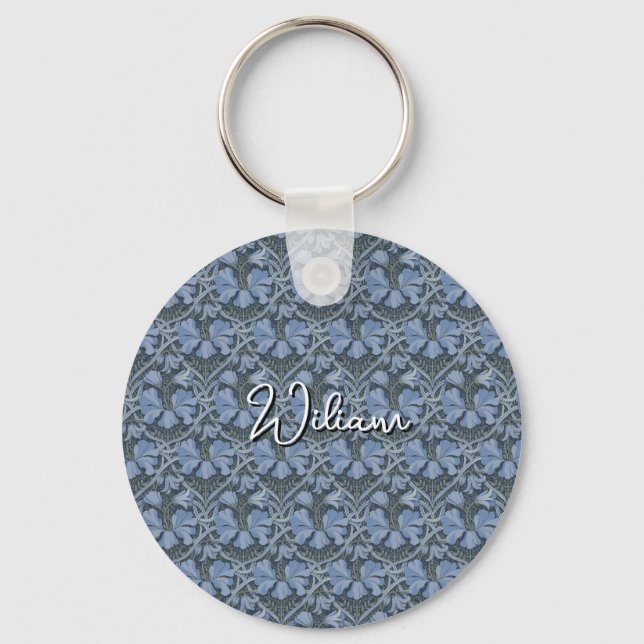 Elegant Blue Watercolor Floral Pattern Invitation Keychain (Front)