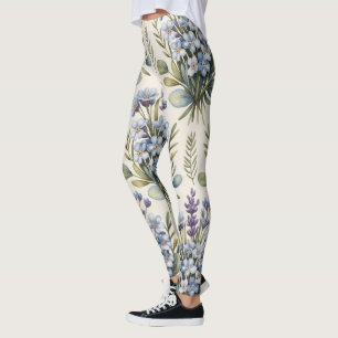 Elegant Blue Watercolor Floral Pattern Leggings