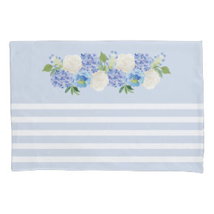 Elegant Blue Watercolor Floral Stripe Pillow Case