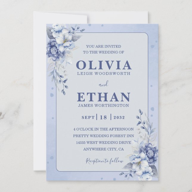 Elegant Blue Watercolor Floral Traditional Wedding Invitation (Front)