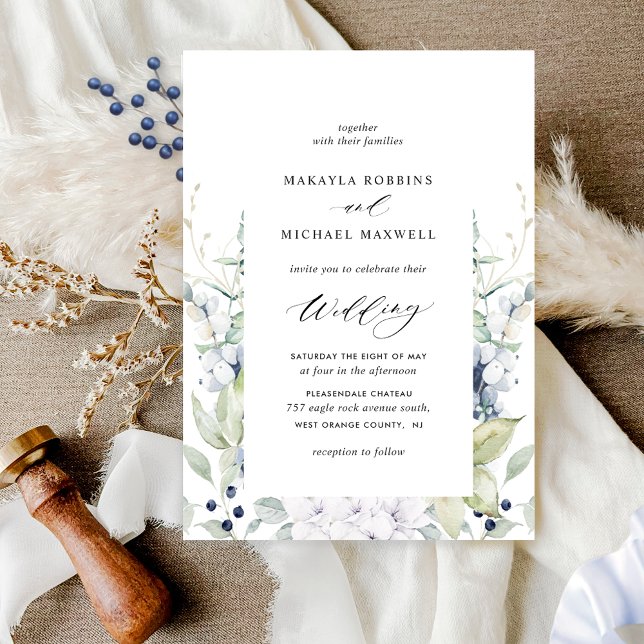 Elegant Blue Watercolor Floral w/ Greenery Wedding Invitation (Creator Uploaded)