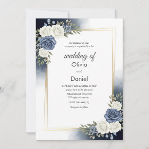 Elegant Blue Watercolor Floral Wedding Invitation 