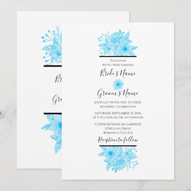 Elegant Blue Watercolor Floral Wedding Invitations (Front/Back)