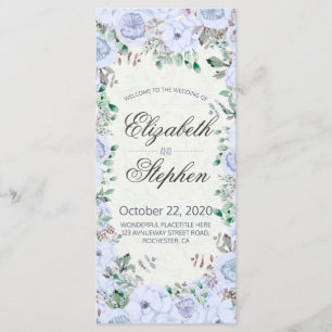 Elegant Blue Watercolor Floral Wedding Program