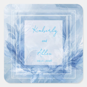 Elegant Blue Watercolor Floral Wedding Square Sticker