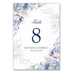 Elegant Blue Watercolor Floral Wedding  Table Number