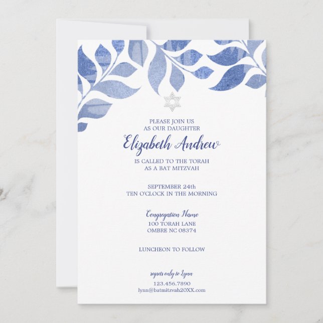 Elegant Blue Watercolor Foliage Bat Mitzvah Invitation (Front)