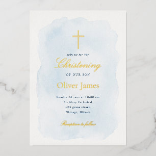 Elegant Blue Watercolor Gold Foil Christening