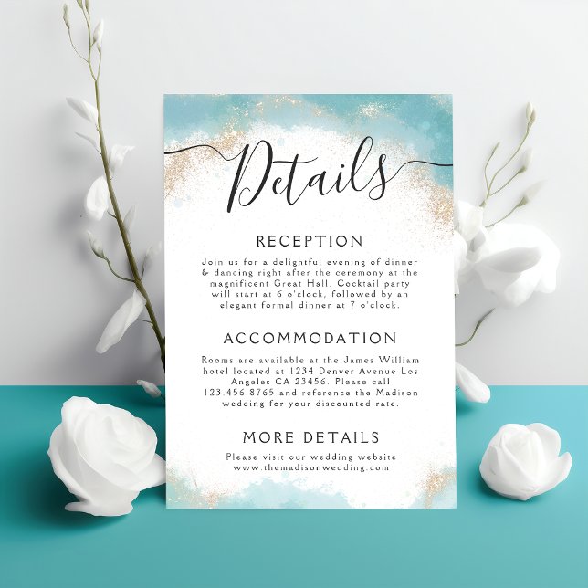Elegant Blue Watercolor Gold Wedding Details Enclosure Card (Creator Uploaded)