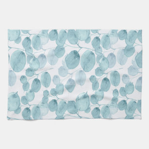Elegant Blue Watercolor Leaves Ditsy Pattern Kitchen Towel