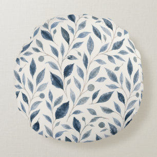 Elegant Blue Watercolor Leaves Pattern  Round Pillow