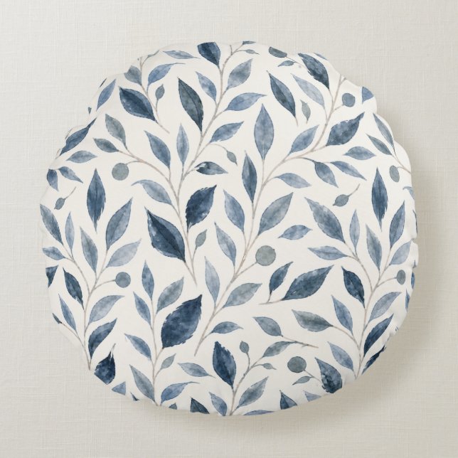 Elegant Blue Watercolor Leaves Pattern  Round Pillow (Front)