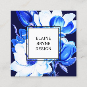 Elegant Blue Watercolor Magnolia Floral Square Squ Square Business Card