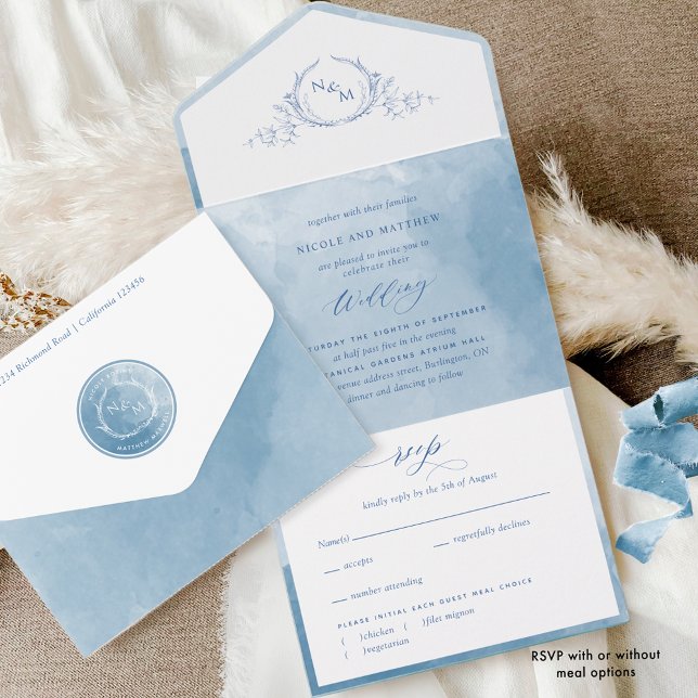 Elegant Blue Watercolor Monogram Wedding All In On One Invitation (Creator Uploaded)