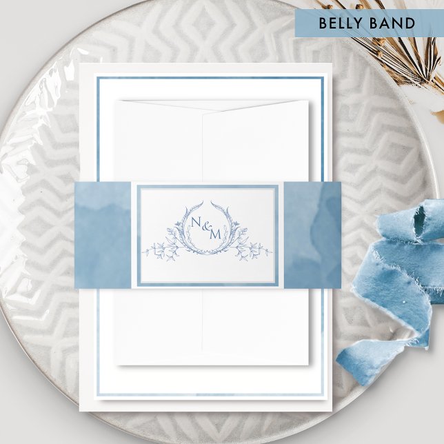 Elegant Blue Watercolor, Monogram Wedding Invitati Invitation Belly Band (Creator Uploaded)