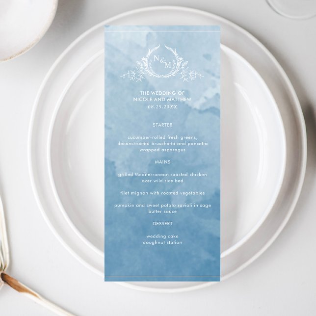 Elegant Blue Watercolor, Monogram Wedding Menu (Creator Uploaded)
