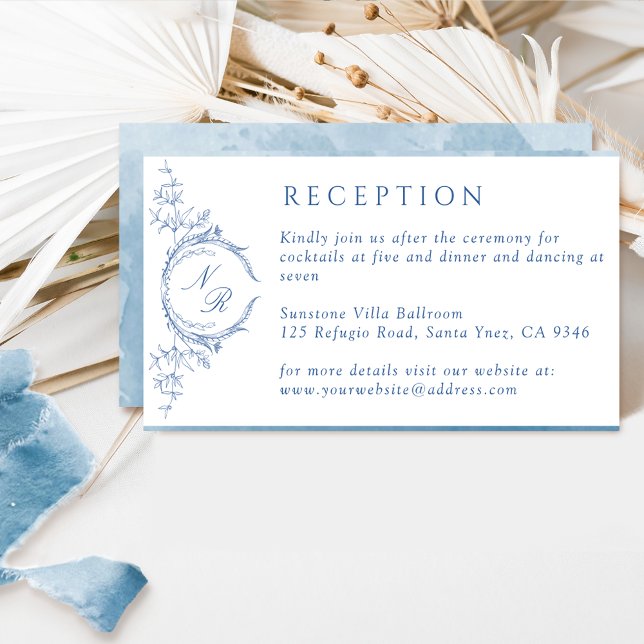 Elegant Blue Watercolor Monogram Wedding Reception Enclosure Card (Creator Uploaded)