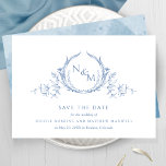 Elegant Blue Watercolor Monogram Wedding Save The  Save The Date<br><div class="desc">Announce your wedding date with this striking wedding save the date card featuring exquisite hand drawn botanical monogram elegantly framing couples initials in blue hues. Simple, elegant, timeless and clean style. Back with beautiful watercolor wash background in blue hues and extra text sections for any more extra details like wedding...</div>