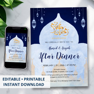 Elegant Blue Watercolor Mosque Ramadan Iftar Party Invitation