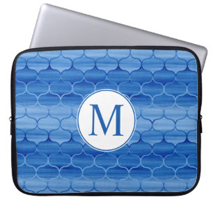 Elegant Blue Watercolor Ogee Pattern with Monogram Laptop Sleeve