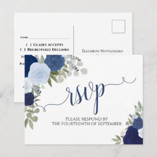 Elegant Blue Watercolor Roses Wedding RSVP Postcard