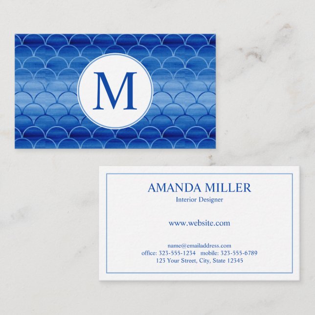 Elegant Blue Watercolor Scale Pattern Monogram Business Card (Front/Back)