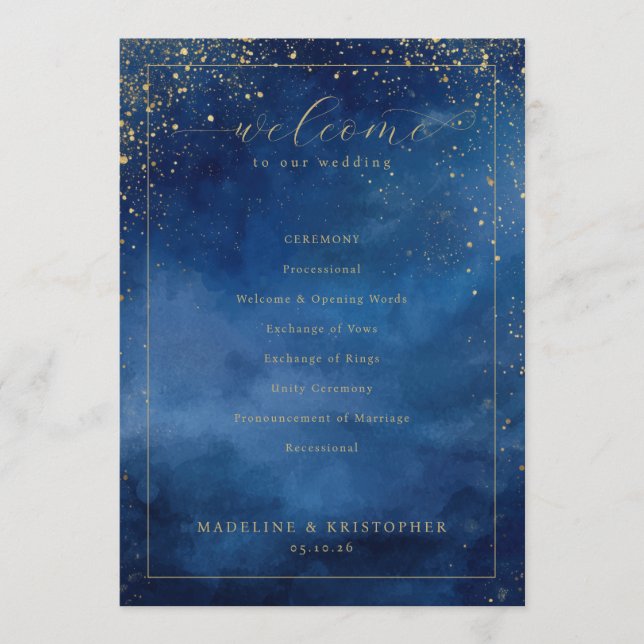 Elegant Blue Watercolor Wedding Ceremony Program (Front)