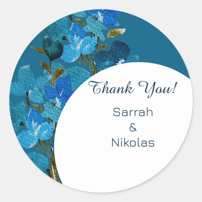 Elegant Blue Watercolor Wildflowers Classic Round Sticker (Front)