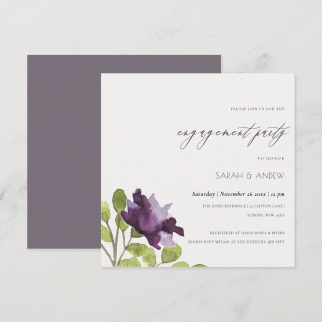 ELEGANT BLUE WATERCOLOUR FLORAL GOLD ENGAGEMENT INVITATION (Front/Back)