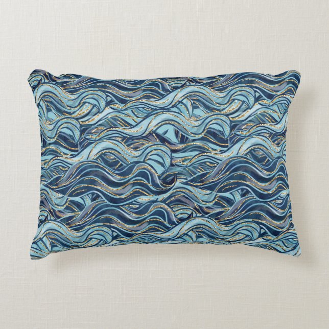 Elegant Blue Wave Pattern with Gold Accents Accent Pillow (Front)