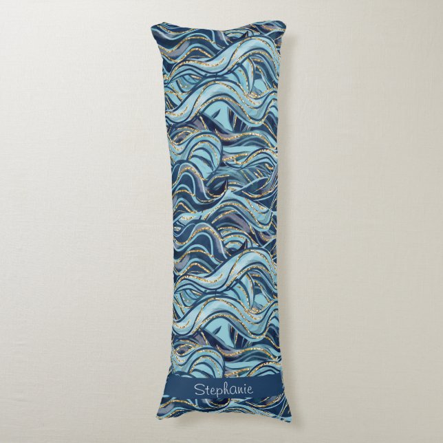 Elegant Blue Wave Pattern with Gold Accents Body Pillow (Front Vertical)
