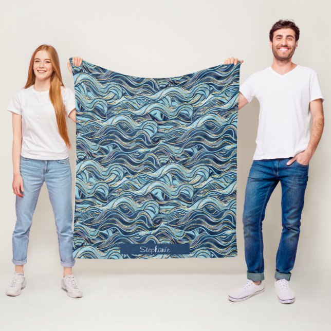 Elegant Blue Wave Pattern with Gold Accents Fleece Blanket (In Situ)