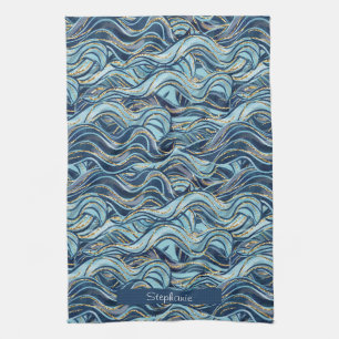 Elegant Blue Wave Pattern with Gold Accents Kitchen Towel