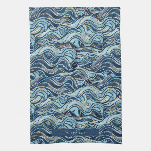 Elegant Blue Wave Pattern with Gold Accents Kitchen Towel (Vertical)
