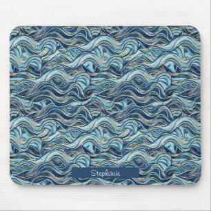 Elegant Blue Wave Pattern with Gold Accents Mouse Pad