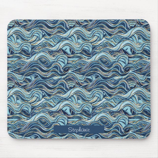 Elegant Blue Wave Pattern with Gold Accents Mouse Pad (Front)