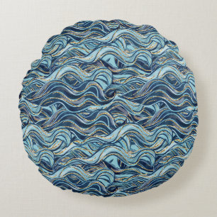Elegant Blue Wave Pattern with Gold Accents Round Pillow