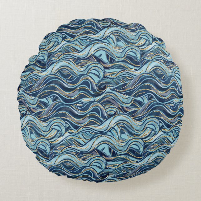 Elegant Blue Wave Pattern with Gold Accents Round Pillow (Front)
