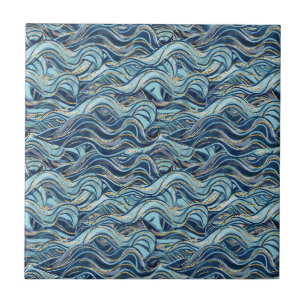 Elegant Blue Wave Pattern with Gold Accents Tile
