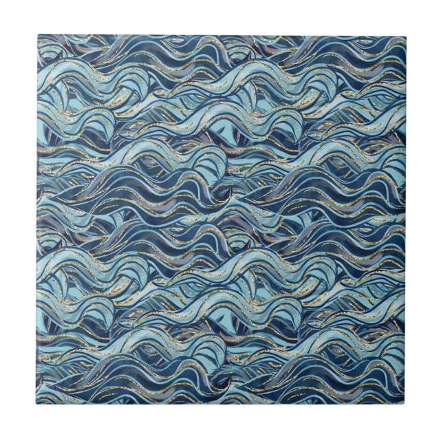Elegant Blue Wave Pattern with Gold Accents Tile (Front)