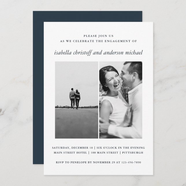 Elegant Blue Wedding Engagement Photo Invitation (Front/Back)