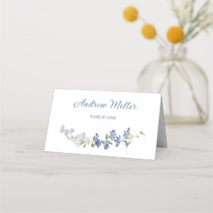 Elegant Blue Wedding Floral Folded Place Card