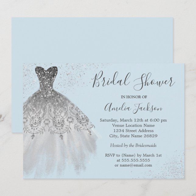 Elegant Blue Wedding Gown Bridal Shower Invitation (Front/Back)