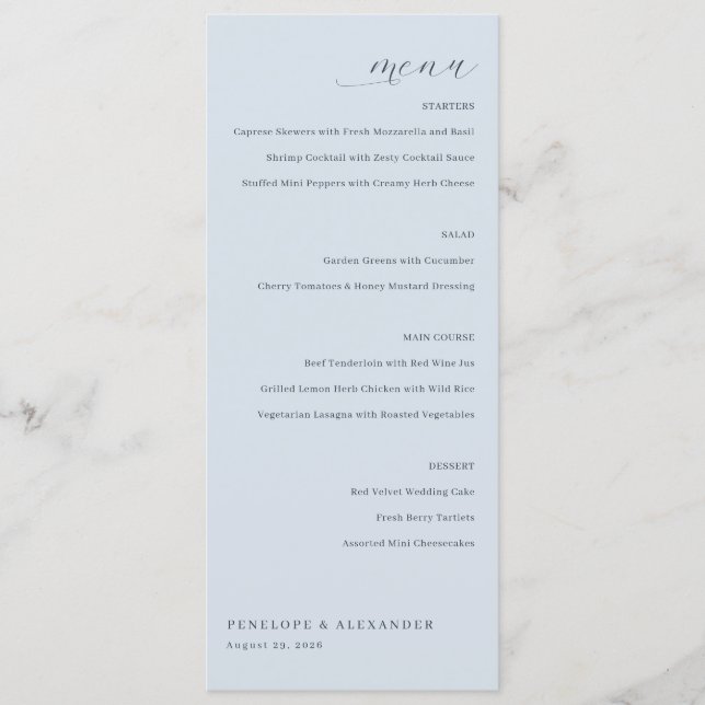 Elegant Blue Wedding Menu (Front)